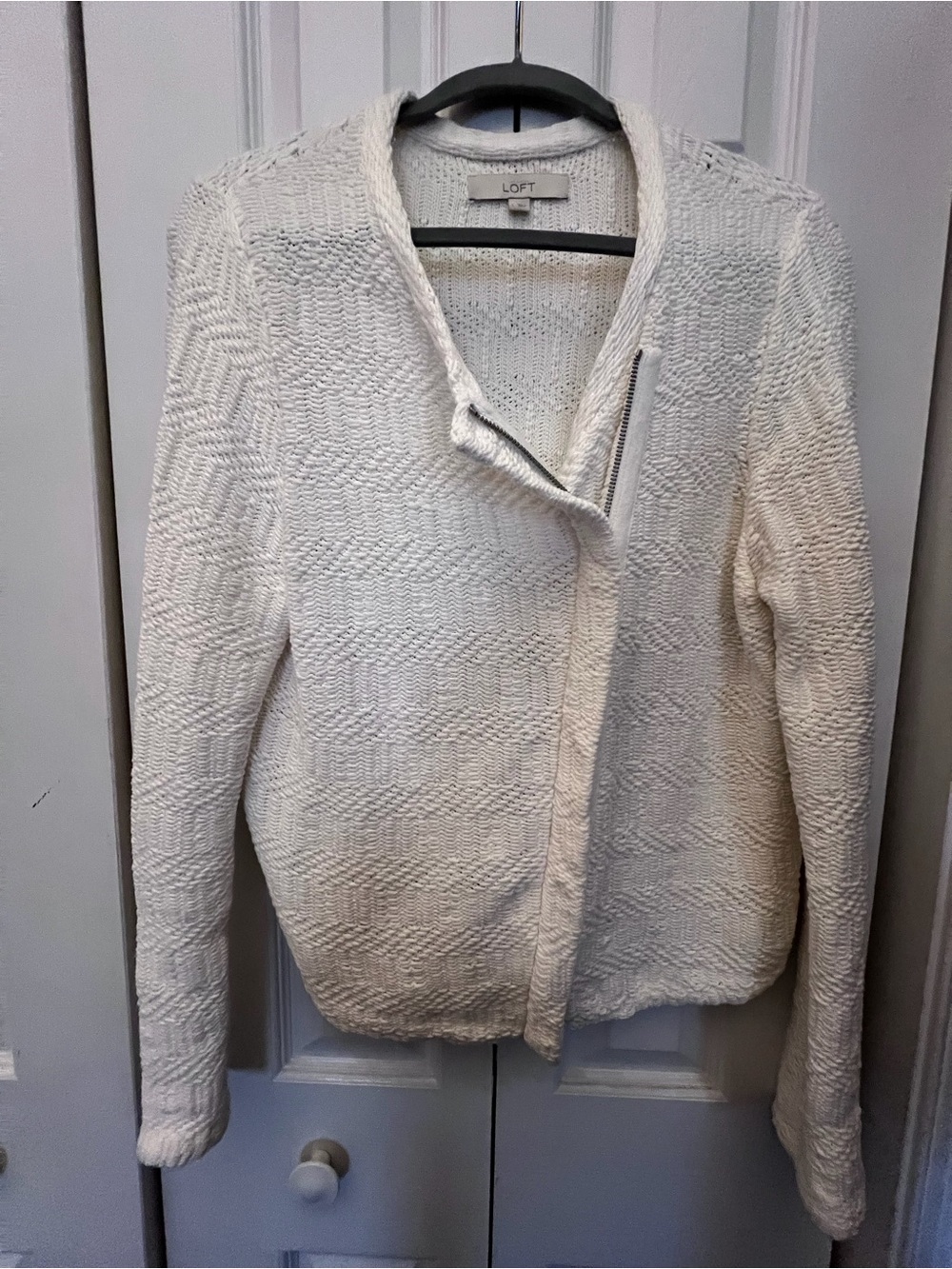 LOFT Cream Textured Knit Zip Jacket